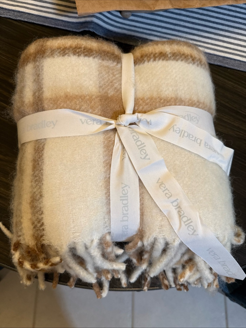 Vera Bradley Cream Plaid Woven Throw with Tan and Light Brown Stripes